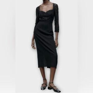 NWT Zara Lace Midi Black Dress Size Medium